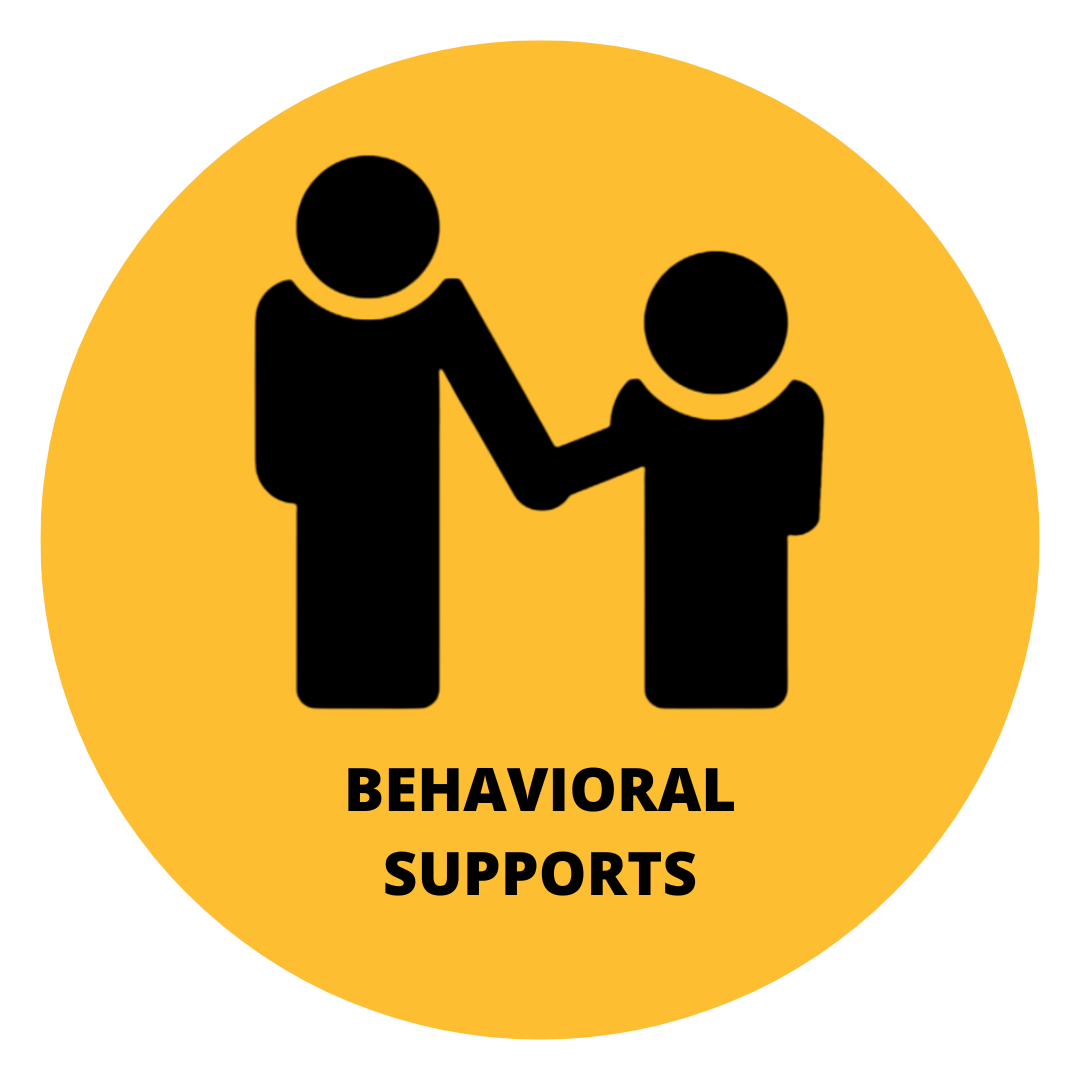 Yellow circle background, with icon of adult and child holding hands. The words “Behavioral Supports” are written underneath the icon.