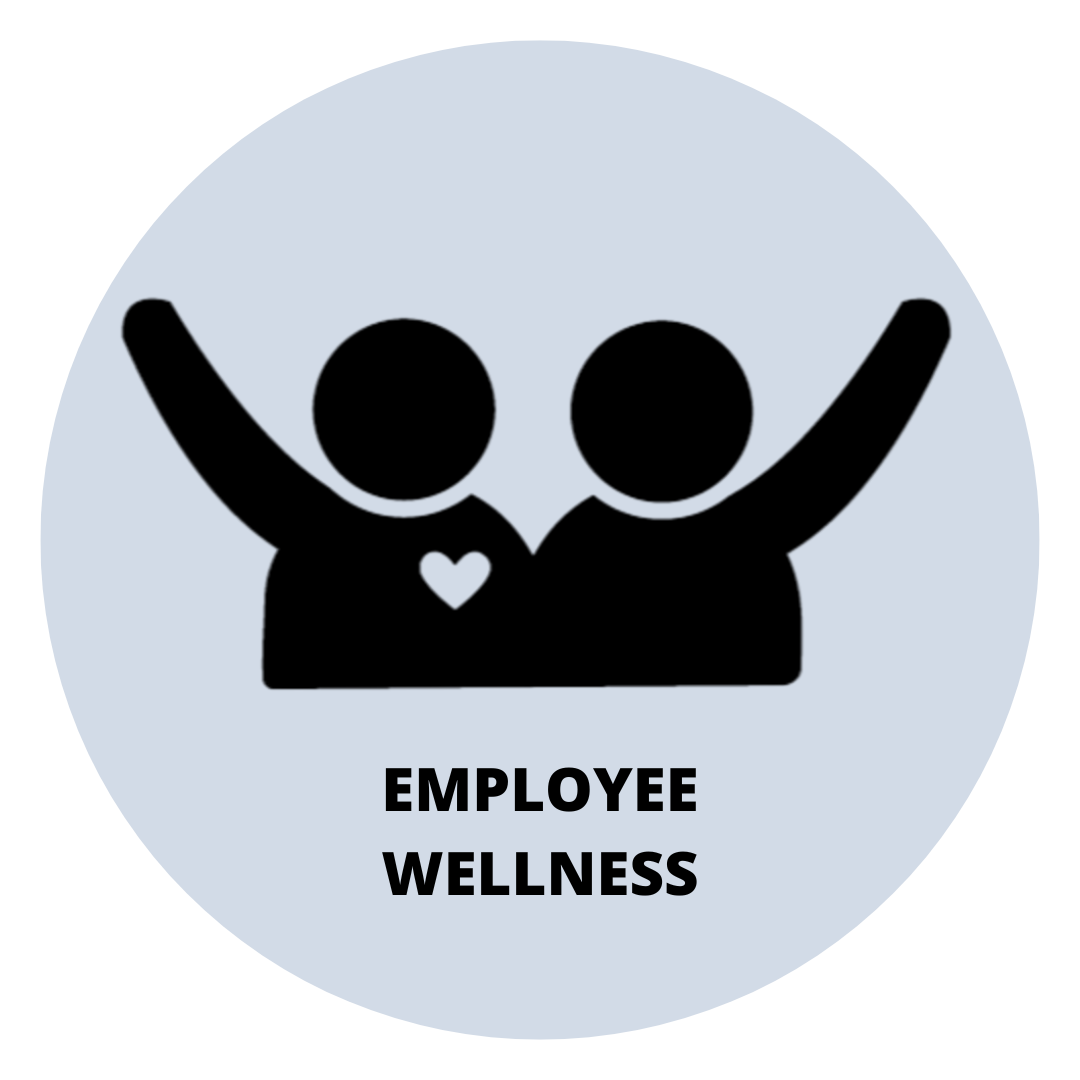 Light blue circle background, with icon of two people next to each other with outside arms raised up. The figure on the left has a heart shape on chest. The words “Employee Wellness” are written underneath the icon.