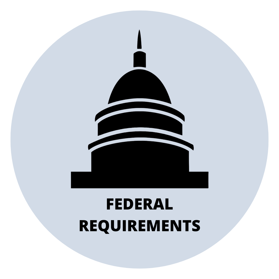 Light blue circle background, with icon of capitol building. The words “Federal Requirements” are written underneath the icon.