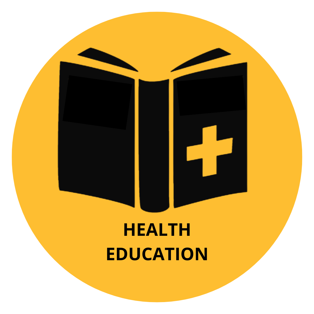 Yellow circle background, with icon of book with a plus sign on the cover. The words “Health Education” are written underneath the icon.