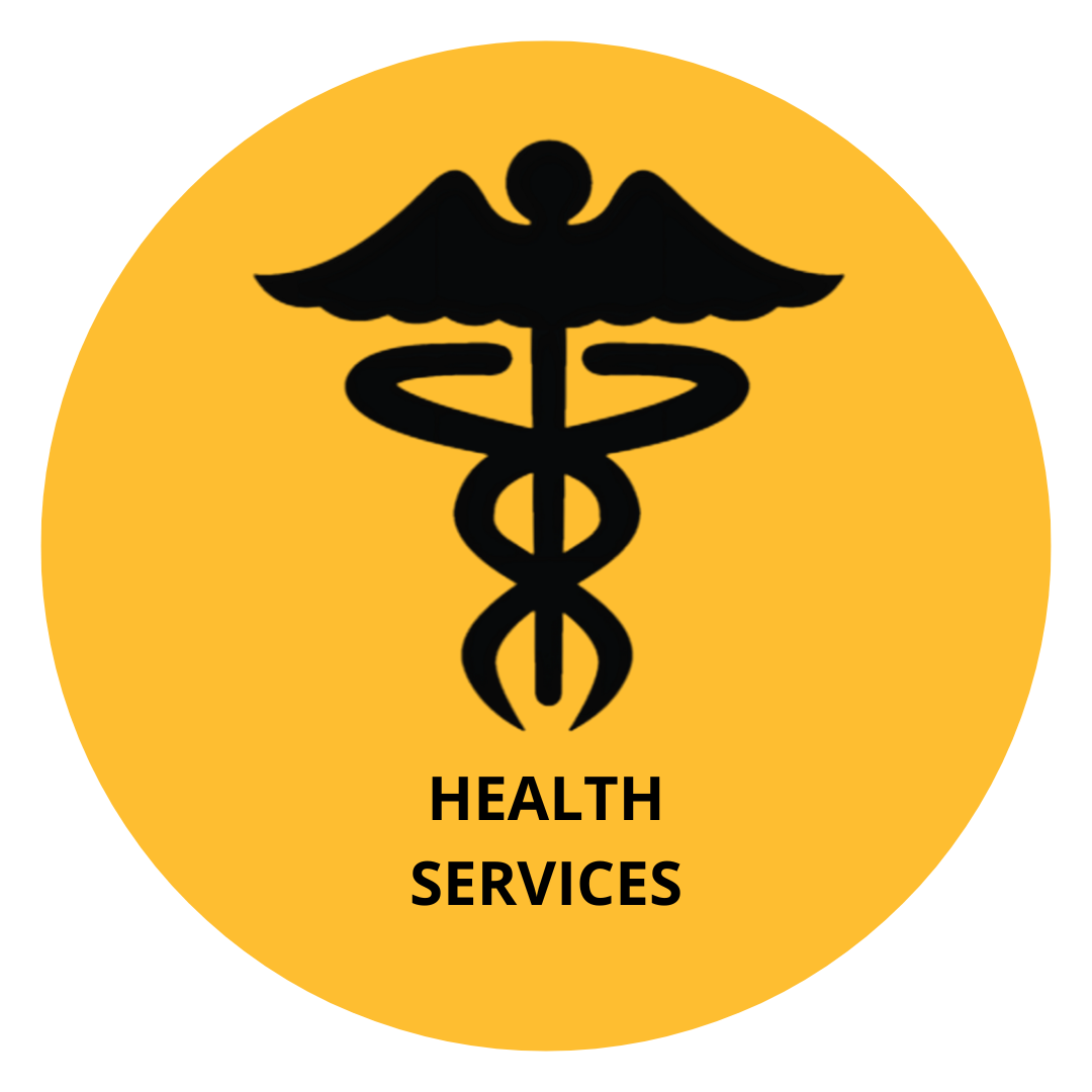Yellow circle background, with icon of Caduceus (two snakes entwined around a staff topped with wings). The words “Health Services” are written underneath the icon.