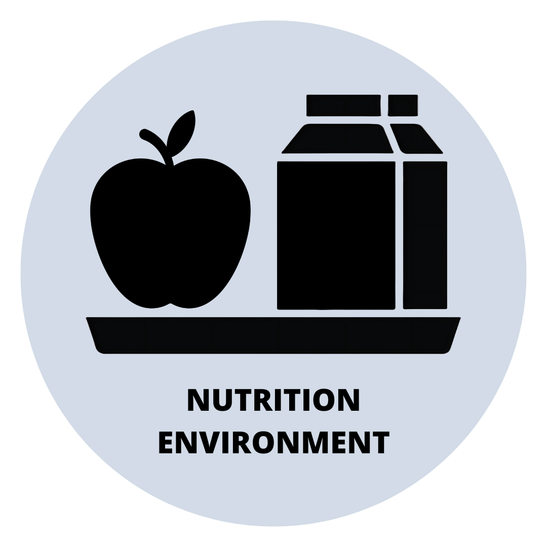 Light blue circle background, with icon of apple and milk carton on a tray. The words “Nutrition Environment” are written underneath the icon.
