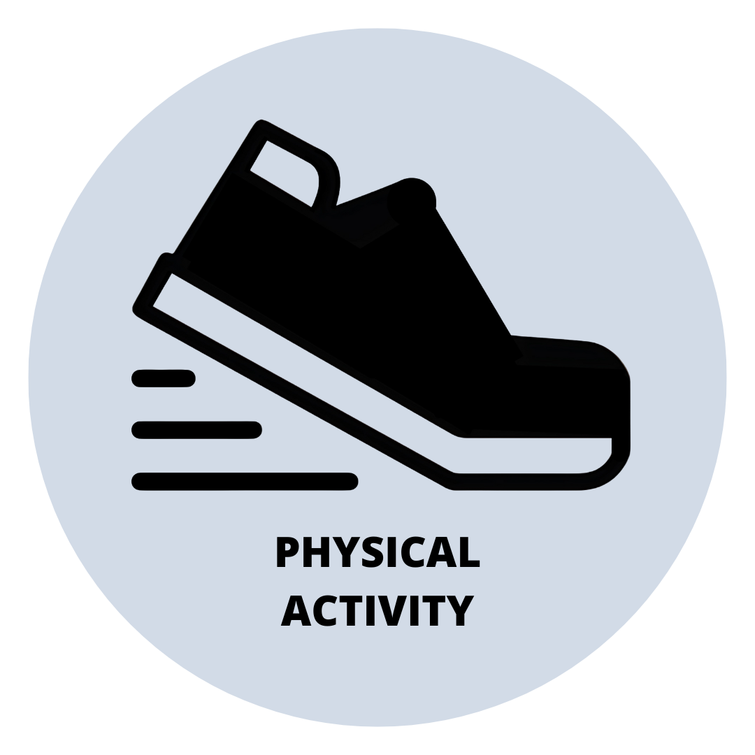 Light blue circle background, with icon of sneaker running. The words “Physical Activity” are written underneath the icon.