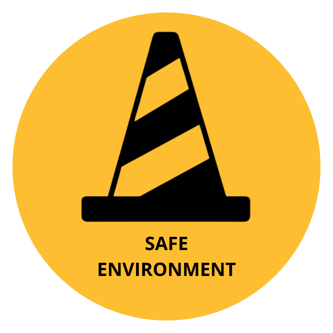 Yellow circle background, with icon of safety cone with stripes. The words “Safe Environment” are written underneath the icon.